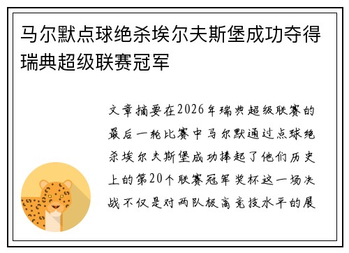 马尔默点球绝杀埃尔夫斯堡成功夺得瑞典超级联赛冠军